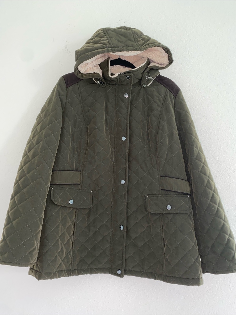 Laundry by Shelli Segal Faux Shearling Lined Hooded Quilted Coat -Olive Green-XL